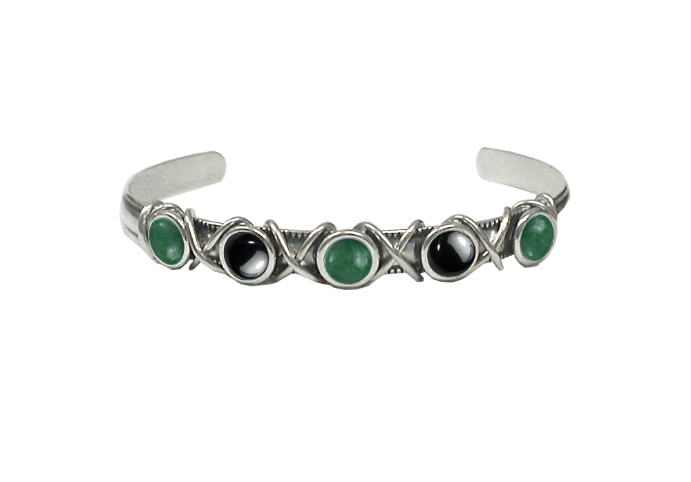 Sterling Silver Cuff Bracelet With Jade And Hematite